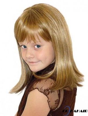 Gerade schulterlange blonde blonde synthetische 100% handgebundene Kinderperücken