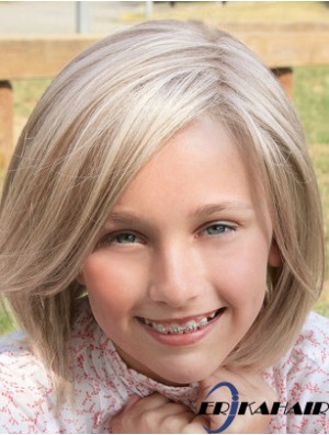 Gerade schulterlange blonde synthetische Spitze vorne Kinderperücken