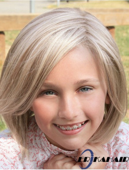 Gerade schulterlange blonde synthetische Spitze vorne Kinderperücken