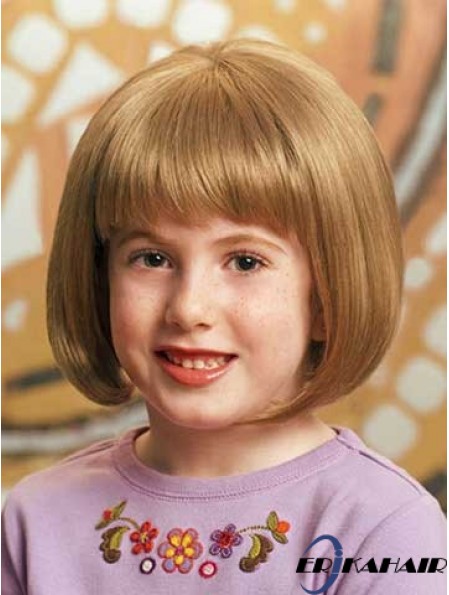 Gerade Kinnlänge Blonde Synthetic 100% handgebundene Kinderperücken