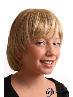 Gerade kurze blonde synthetische kappenlose Kinderperücken