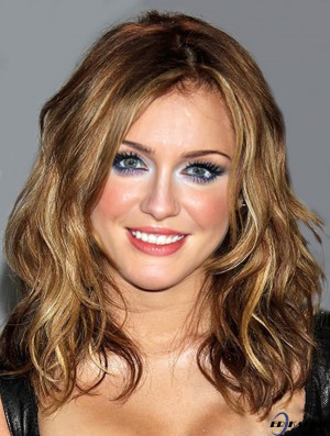 Synthetische kappenlose braune Schulter gewellte Miley Cyrus Haarperücken
