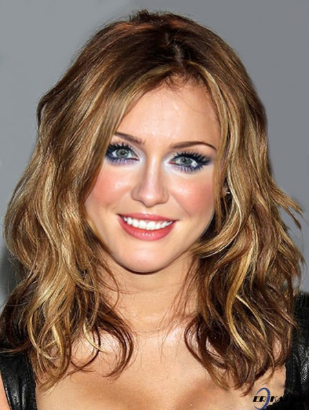 Synthetische kappenlose braune Schulter gewellte Miley Cyrus Haarperücken