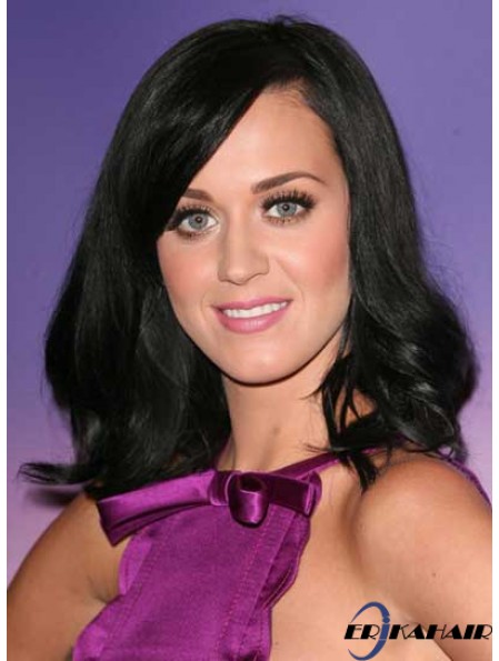 16 Zoll natürliche schwarze schulterlange gewellte geschichtete Katy Perry Perücken