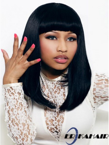 16 Zoll schwarz gerade mit Pony schulterlang bequeme Nicki Minaj Perücken