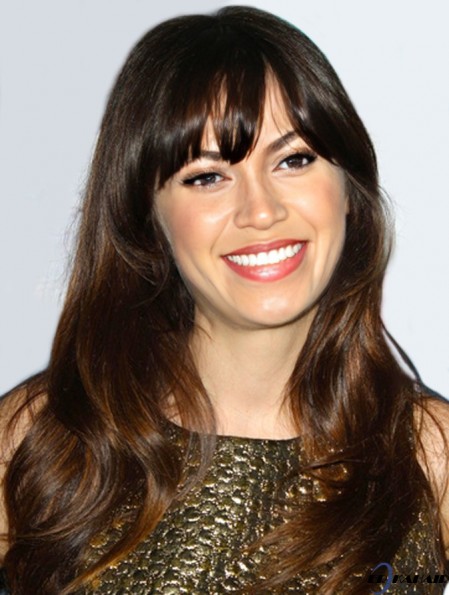 No-Fuss Brown Long Wavy 22 Zoll mit Pony Zooey Deschanel Perücken