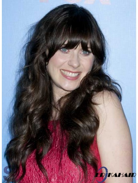 Ideal Black Long Curly 25 Zoll mit Pony Zooey Deschanel Perücken
