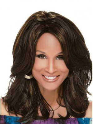 Schwarze schulterlange gewellte geschichtete volle Spitze 14 Zoll Beverly Johnson Perücken