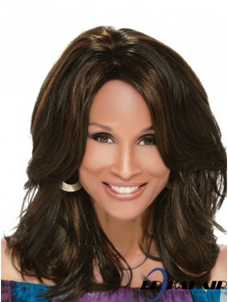 Schwarze schulterlange gewellte geschichtete volle Spitze 14 Zoll Beverly Johnson Perücken