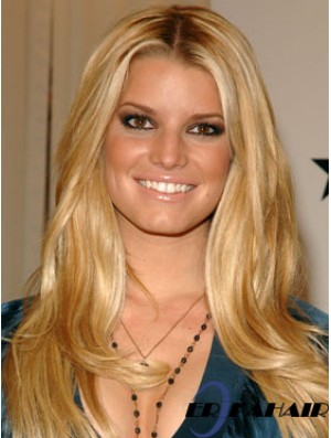 18 Zoll exquisite blonde lange gewellte geschichtete Jessica Simpson Perücken