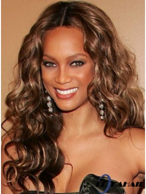 Braune lockige ohne Pony Spitze vorne 20  inchperfekte Tyra Banks Perücken