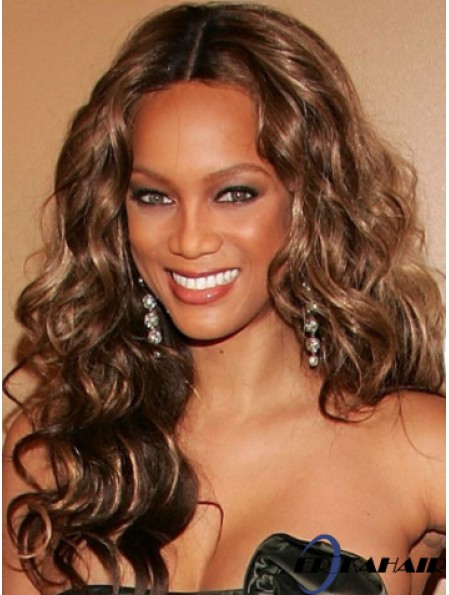 Braune lockige ohne Pony Spitze vorne 20  inchperfekte Tyra Banks Perücken