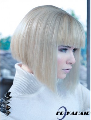Spitze vorne Bobs Kinn Länge gerade 12 Zoll platinblonde No-Fuss Fashion Perücken