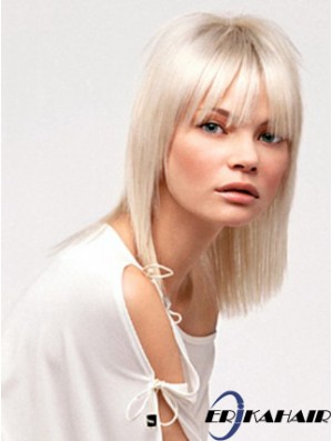 Spitze vorne mit Pony schulterlang gerade 14 Zoll platinblonde No-Fuss Fashion Perücken