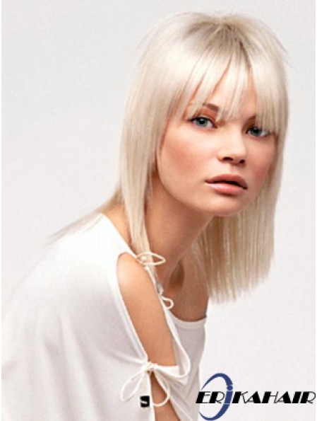 Spitze vorne mit Pony schulterlang gerade 14 Zoll platinblonde No-Fuss Fashion Perücken