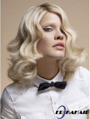 Volle Spitze ohne Pony Schulterlange gewellte 14  inchplatinblonde Top Fashion Perücken