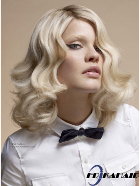 Volle Spitze ohne Pony Schulterlange gewellte 14  inchplatinblonde Top Fashion Perücken