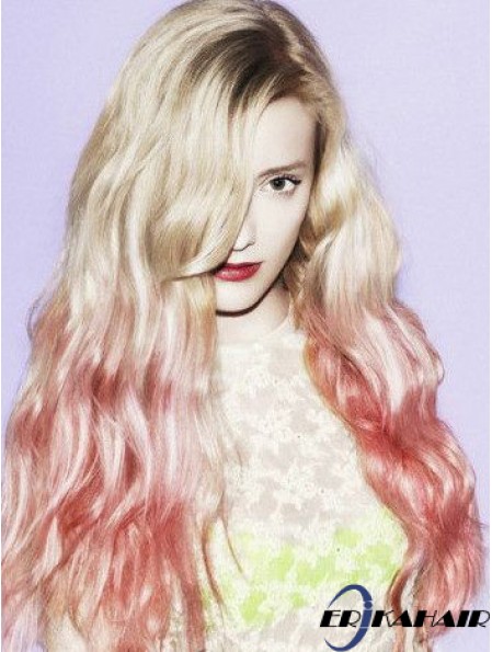 Günstige Ombre / 2 Tone Long Wavy mit Pony 26  inchHuman Lace Perücken