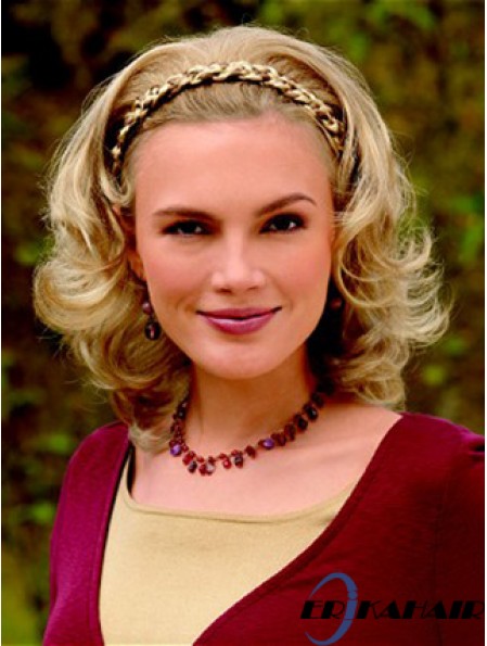 Schulterlange gewellte blonde blonde bequeme synthetische halbe Perücken