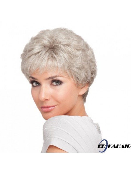 Kurze Frisur für ältere Damen mit synthetischem, kappenlosem, grauem Schnitt